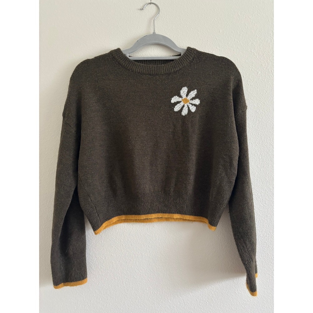 Natural Life Intarsia Icon Sweater Womens Small Brown Daisy Cropped Retro